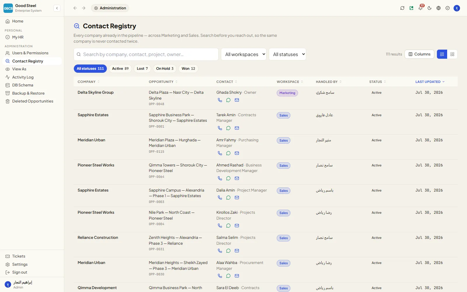 Client contact registry