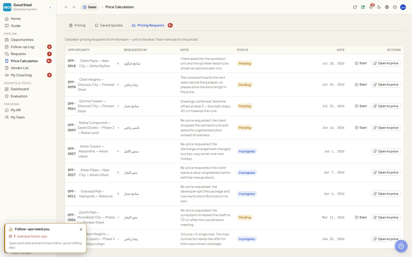 Pricing-request queue and gate