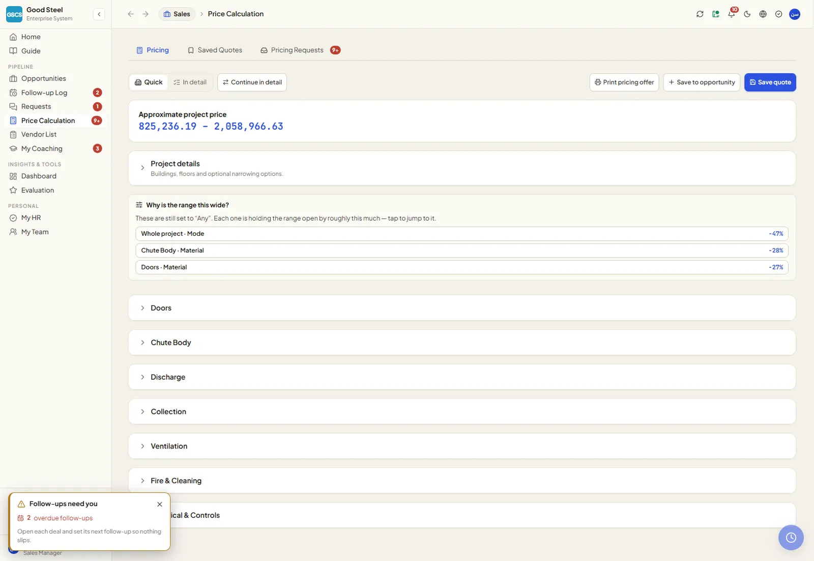 Quick project price with narrowing hints