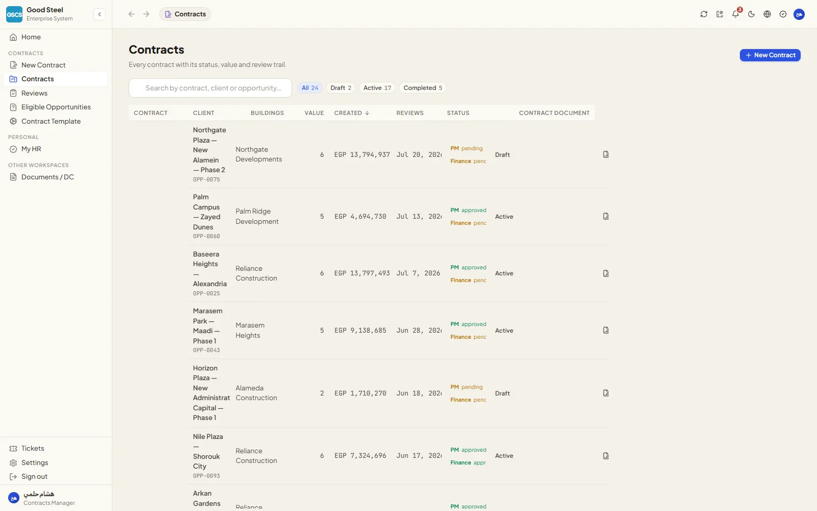 Contract register with review trail