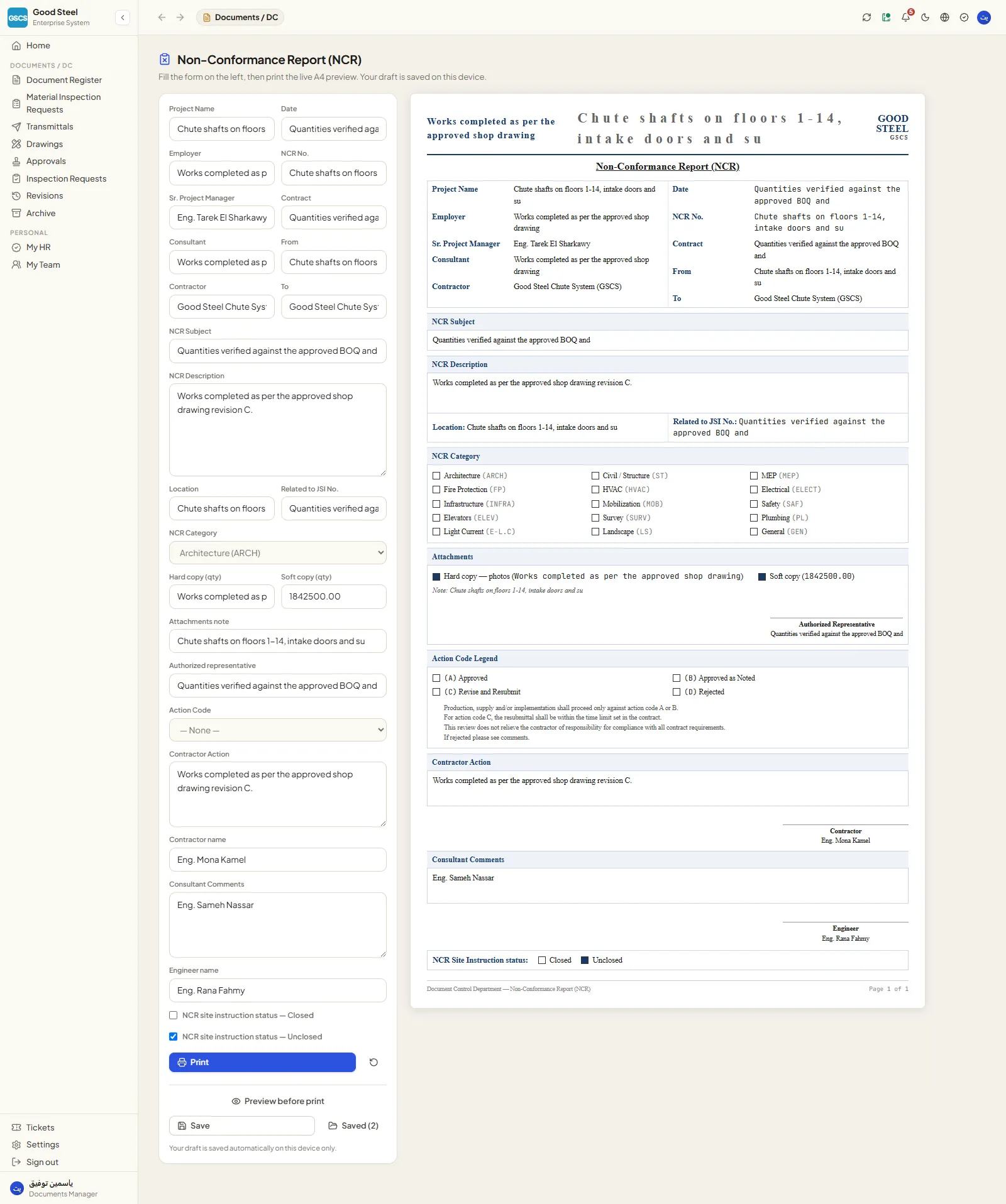 Printable non-conformance report