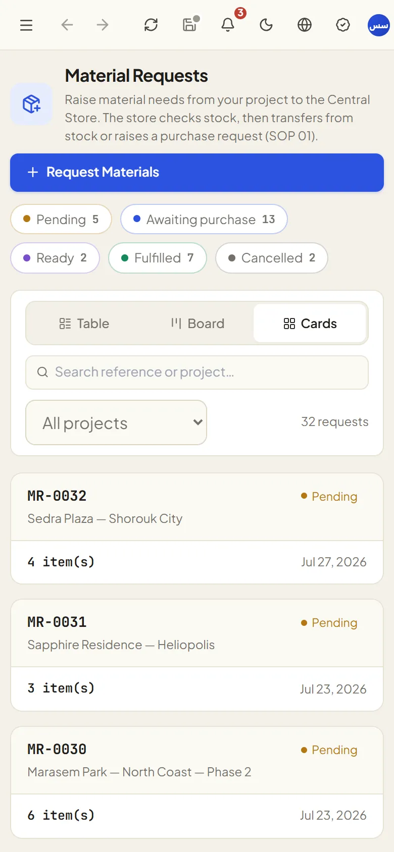 Material request raised from site
