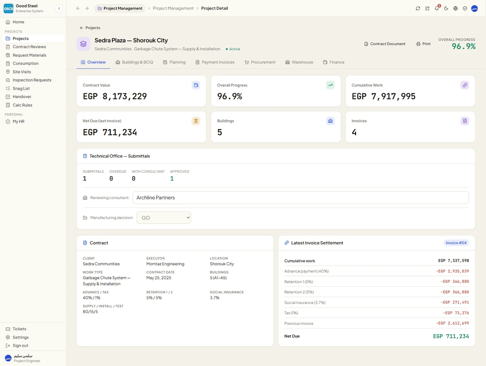 One project file, seven tabs