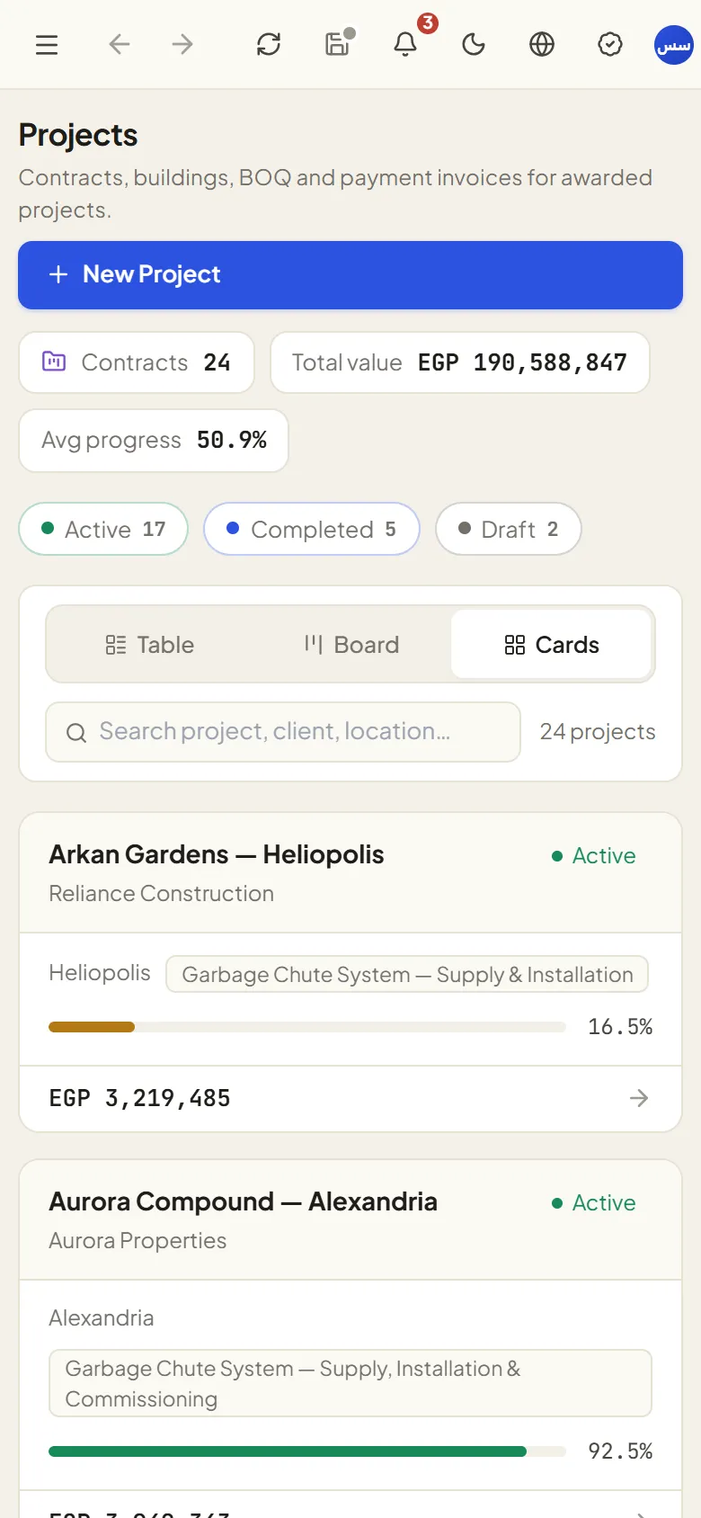 Project portfolio with computed progress