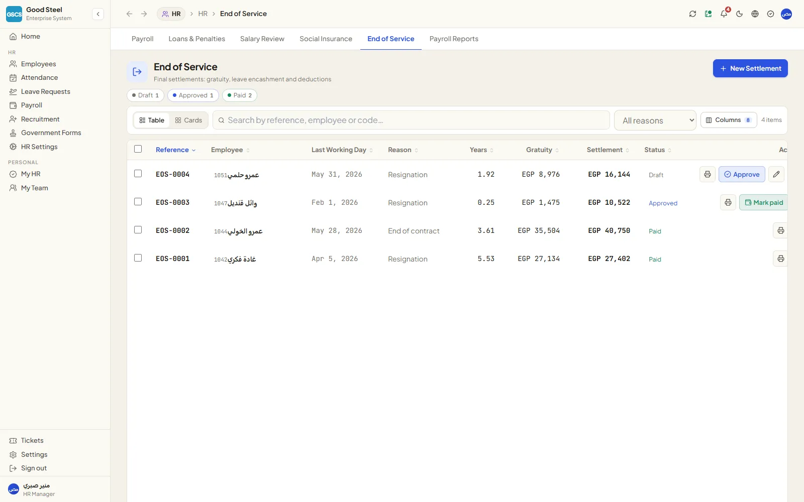End-of-service settlement register