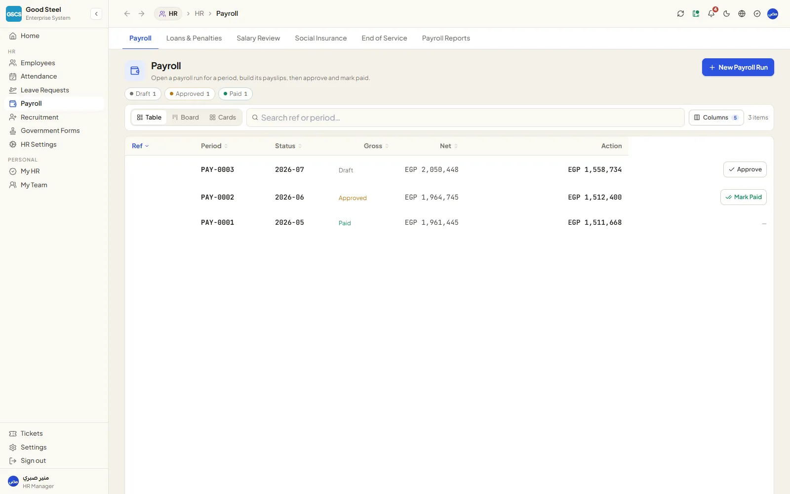 Payroll runs with forward-only approval