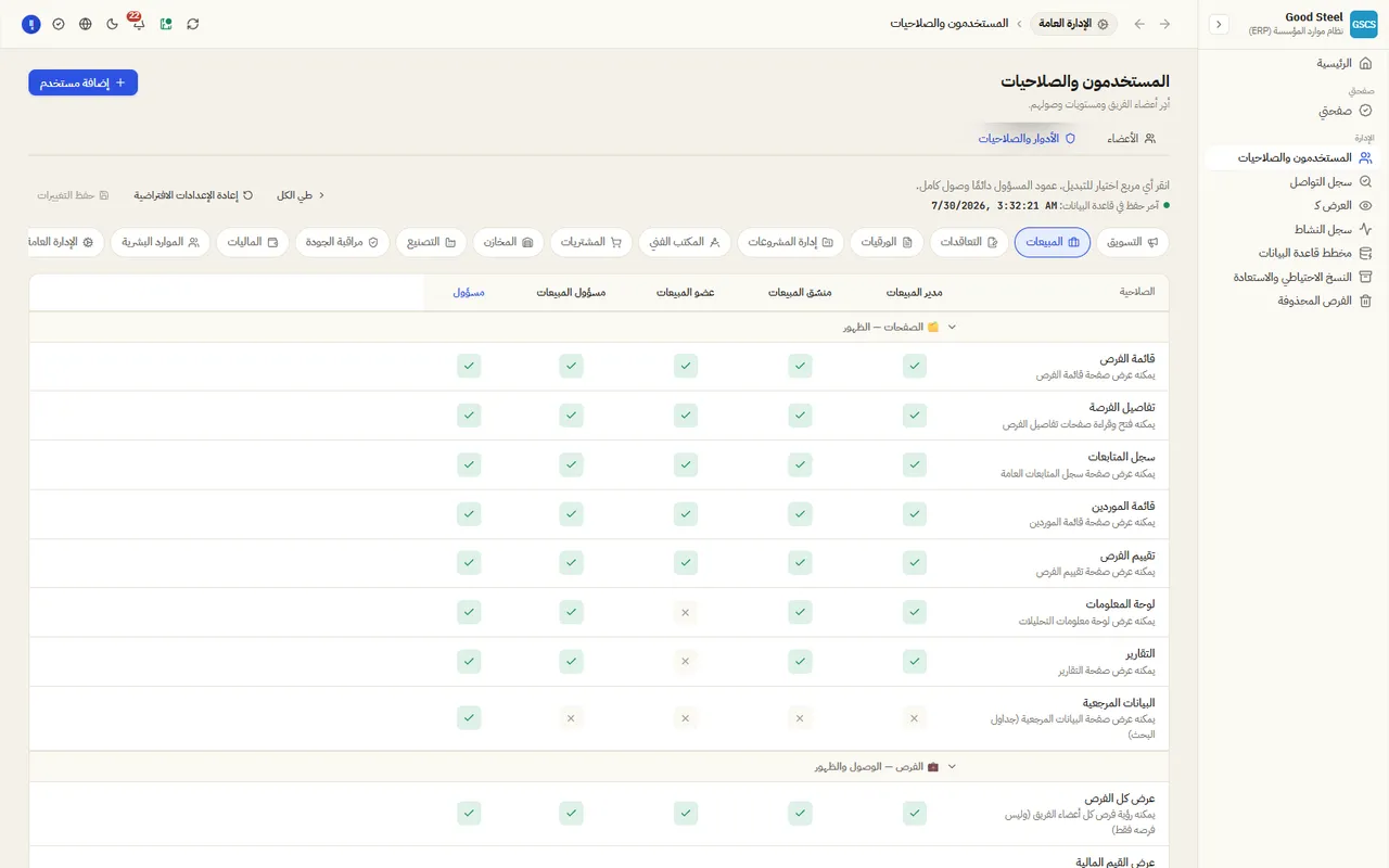 المستخدمون والأدوار ومصفوفة الصلاحيات