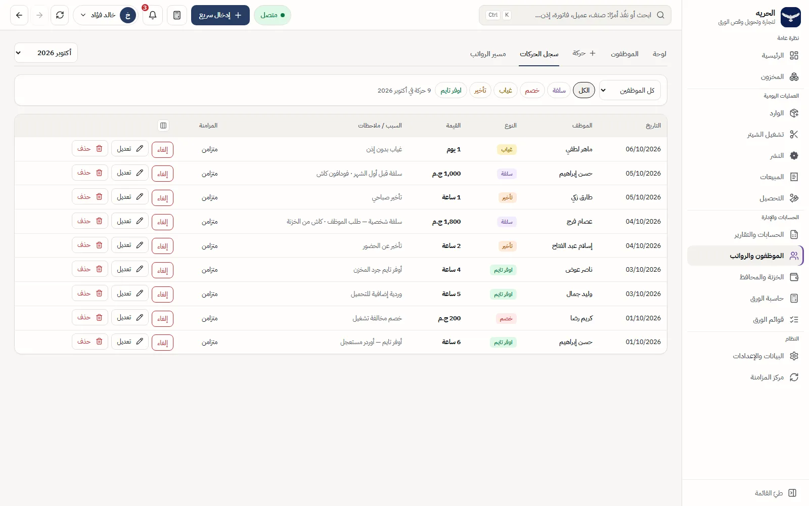 Movements log