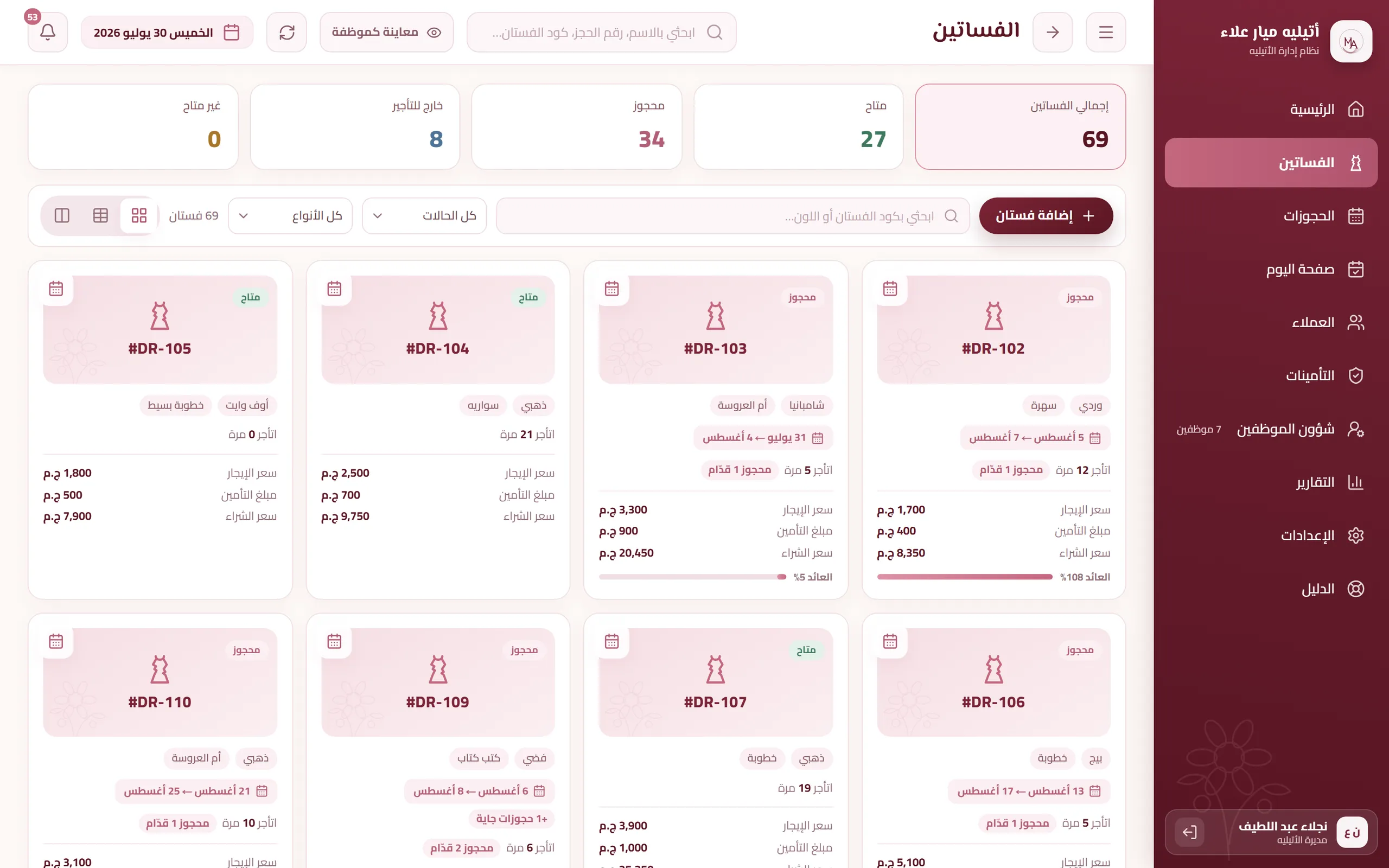 The dress inventory as cards