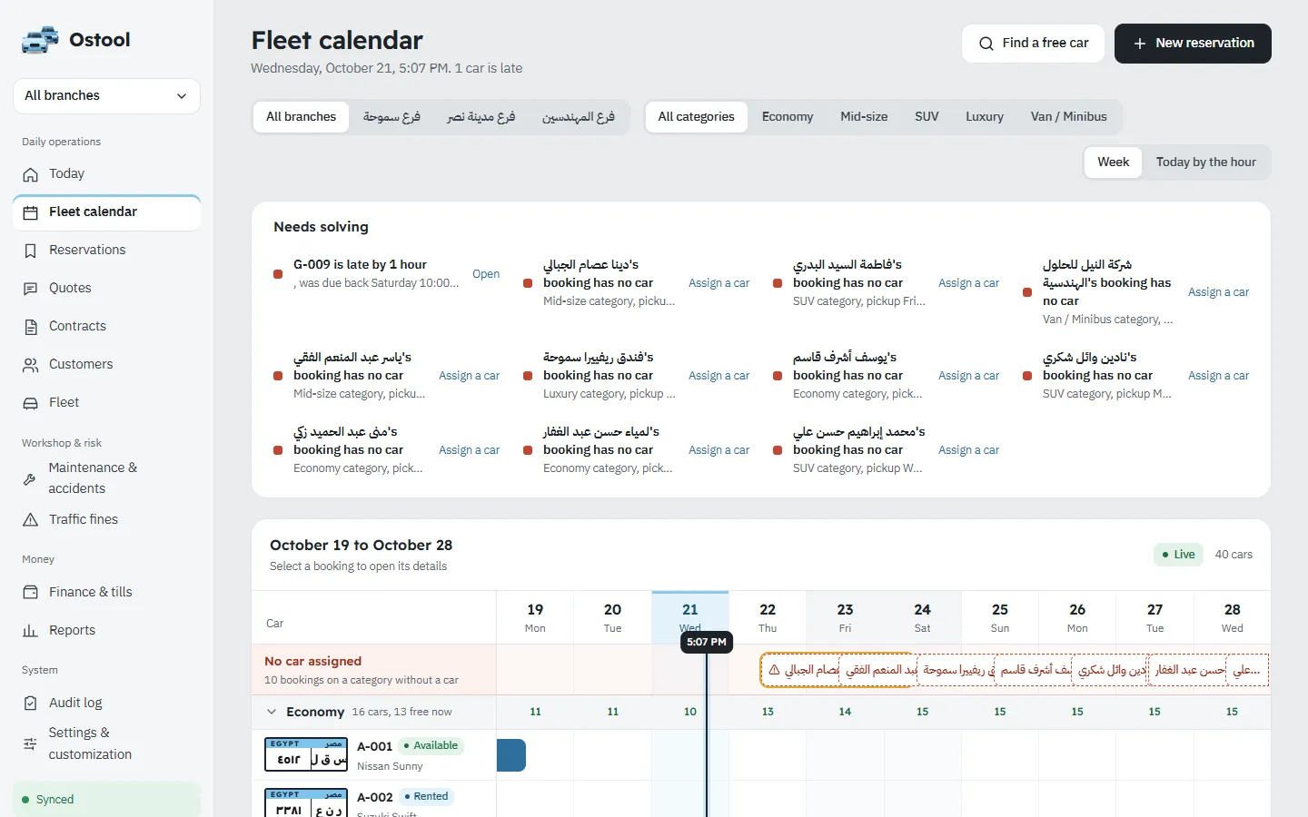 Fleet calendar with a needs-solving queue