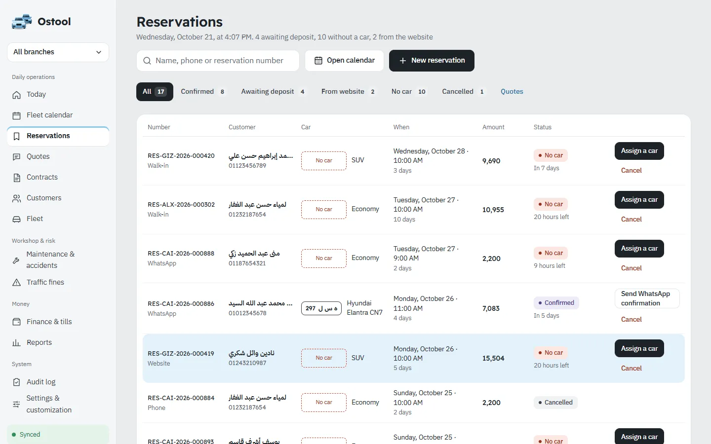Reservations list and car assignment